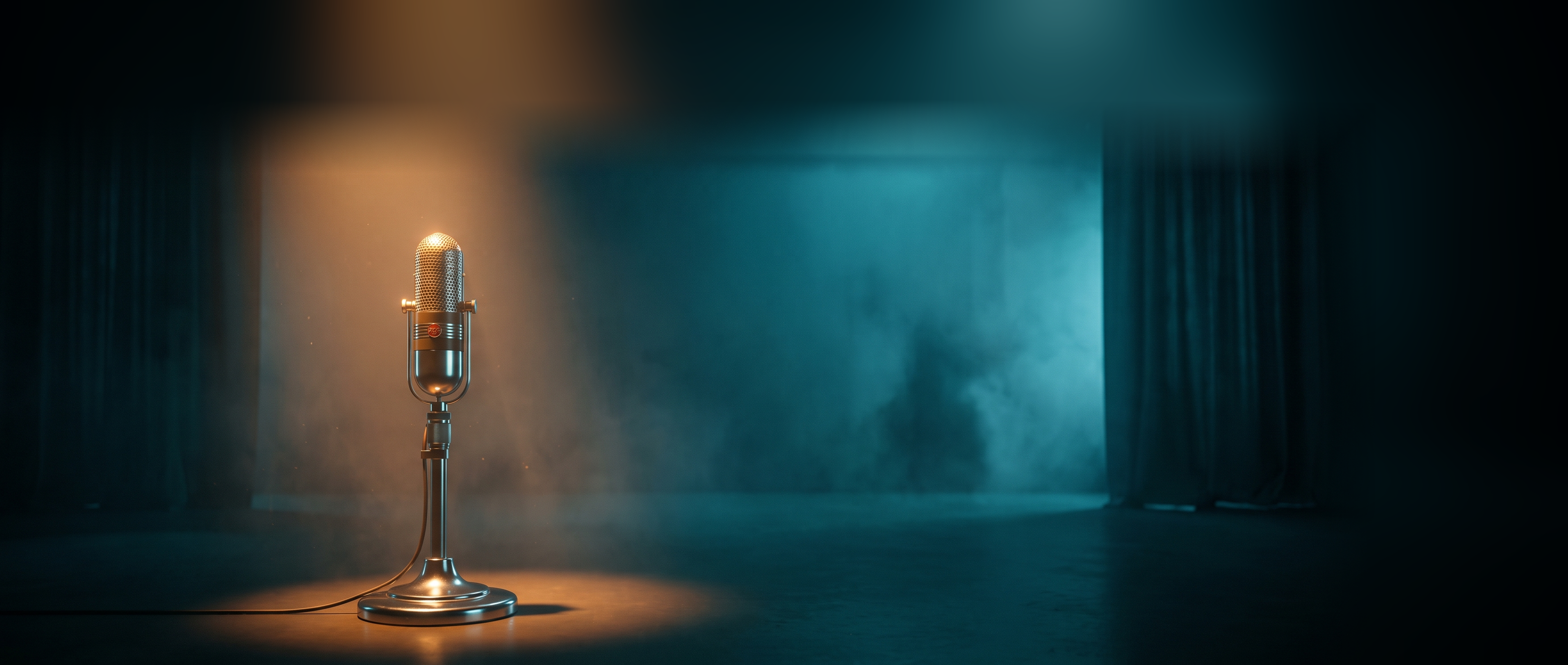 A warm-lit microphone alone on a dark stage - on LinkedIn, the ad that performs is a real person's voice, not a faceless company page.