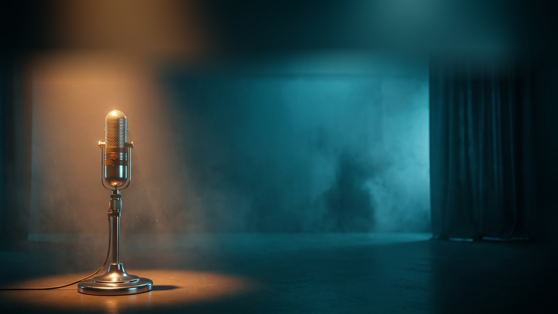A warm-lit microphone alone on a dark stage - on LinkedIn, the ad that performs is a real person's voice, not a faceless company page.