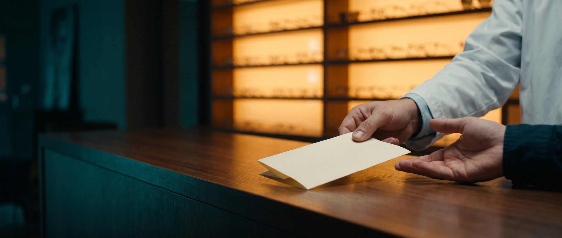 An eye doctor's hand passes a folded prescription slip across an optical counter to a patient's waiting hand, a wall of eyeglass frames glowing amber behind them