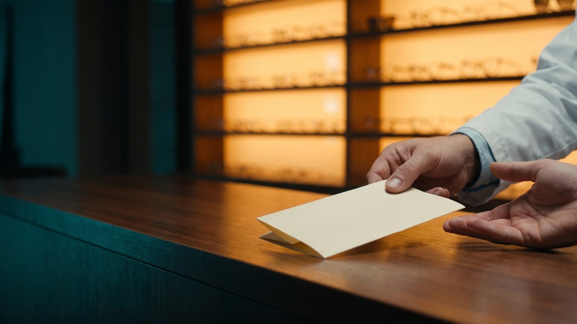 An eye doctor's hand passes a folded prescription slip across an optical counter to a patient's waiting hand, a wall of eyeglass frames glowing amber behind them