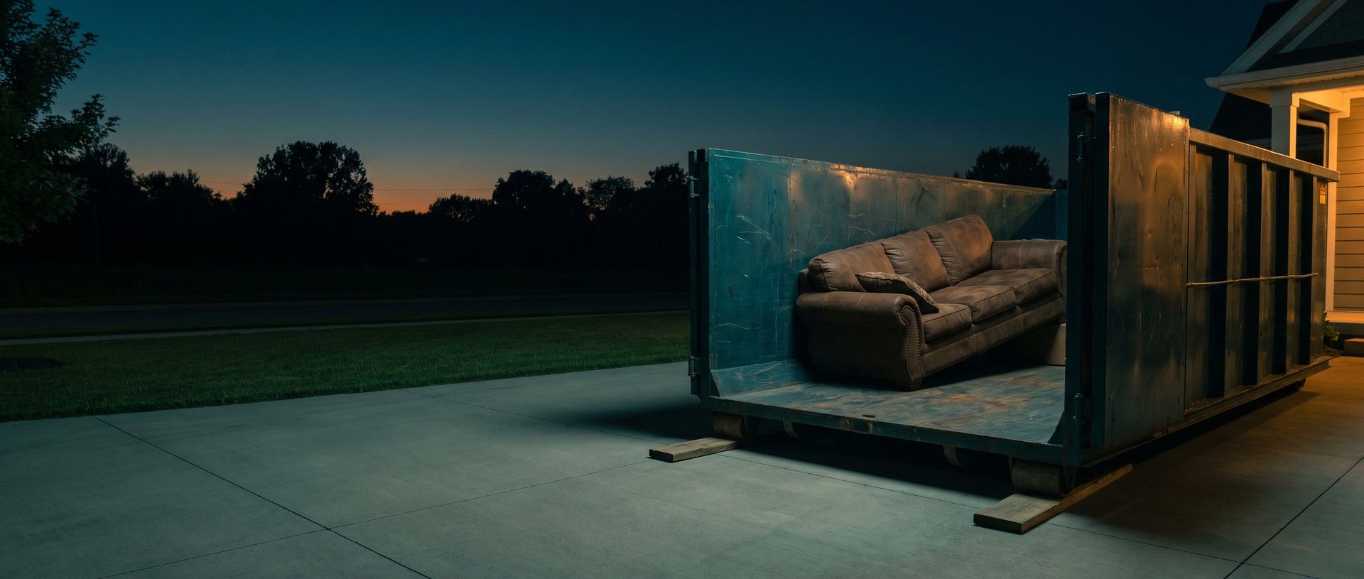 A worn brown couch sitting alone inside a dark teal roll-off dumpster on a suburban driveway at dusk, a dark tree line and the last amber light on the horizon behind it