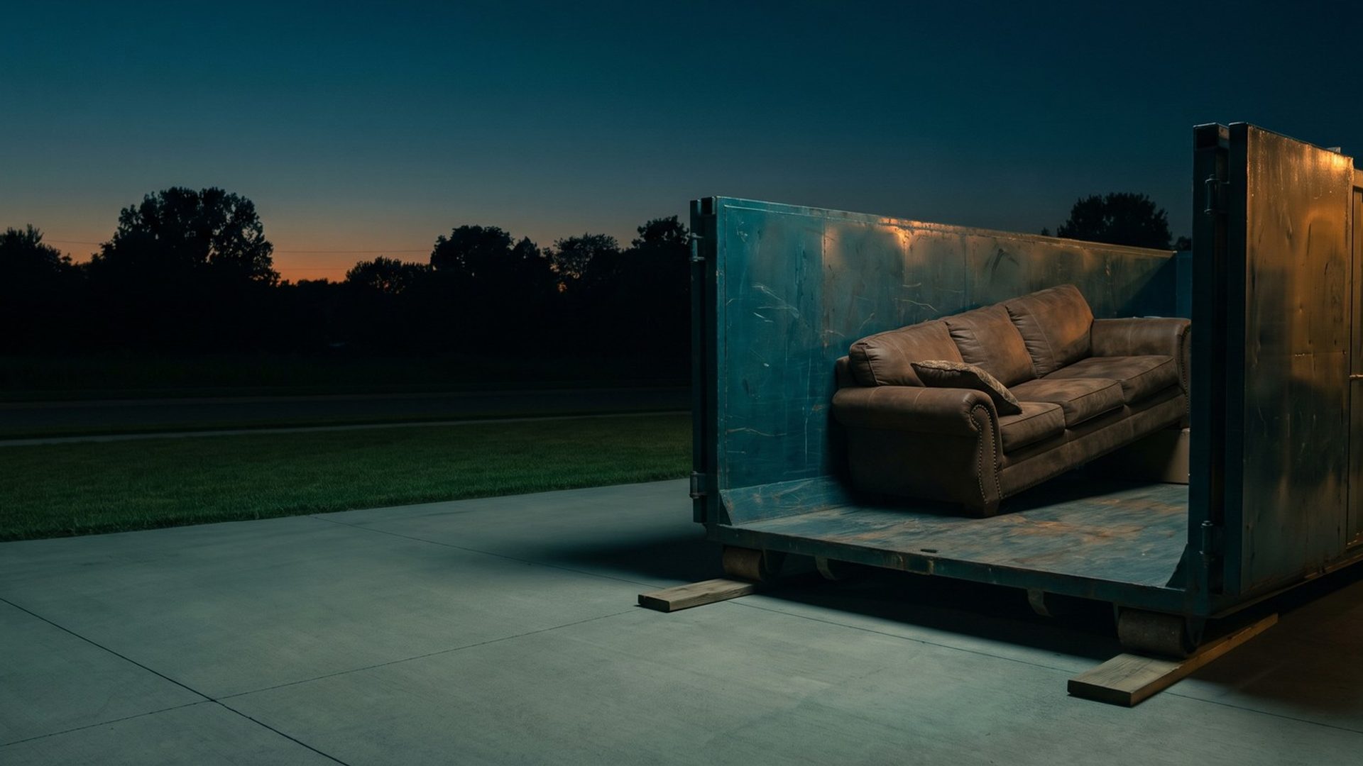 A worn brown couch sitting alone inside a dark teal roll-off dumpster on a suburban driveway at dusk, a dark tree line and the last amber light on the horizon behind it
