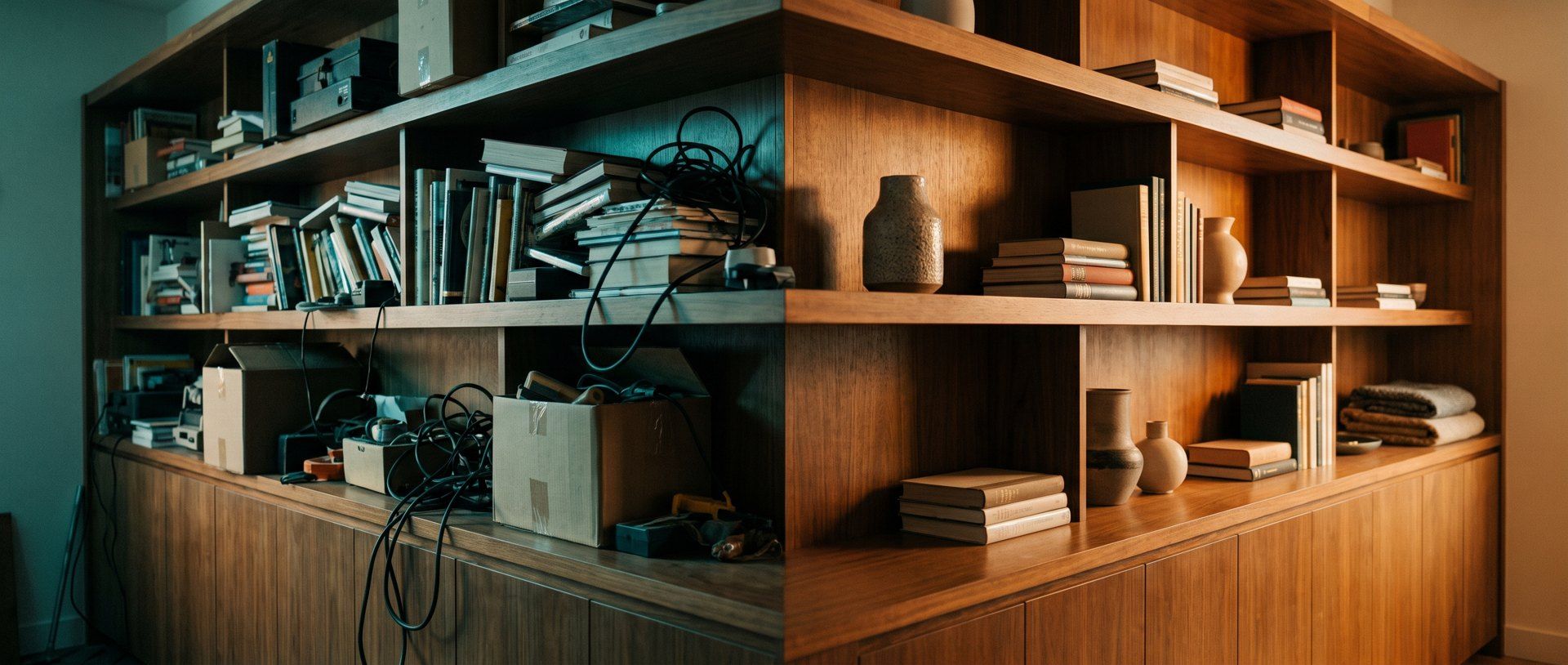 Cluttered shelves crammed with disordered books, boxes, and tangled cables on the left, becoming clean, tidy, organized shelves in warm light on the right.