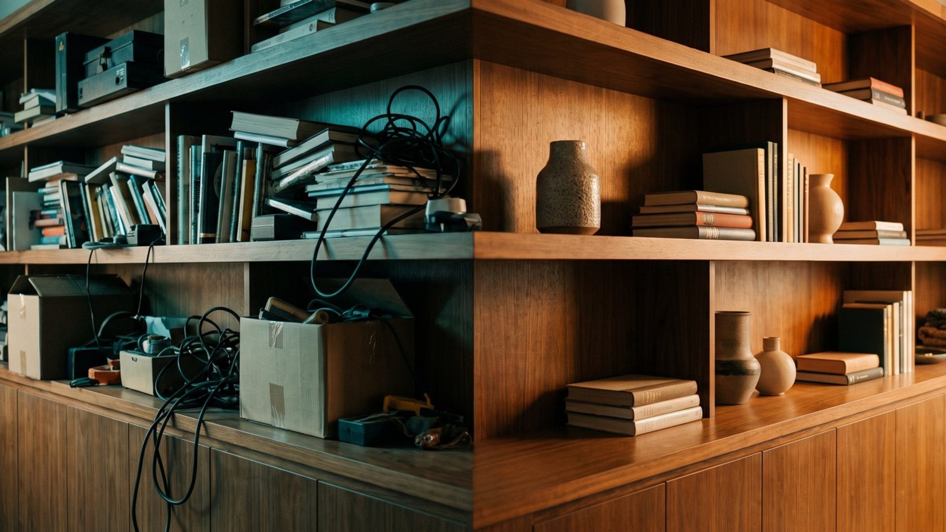 Cluttered shelves crammed with disordered books, boxes, and tangled cables on the left, becoming clean, tidy, organized shelves in warm light on the right.