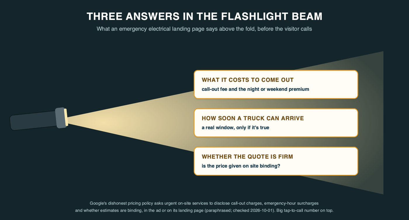 A flashlight beam on a dark wall lighting up three answers an emergency electrical landing page should give: what it costs to come out including any after-hours premium, how soon a truck can arrive, and whether the quote is firm