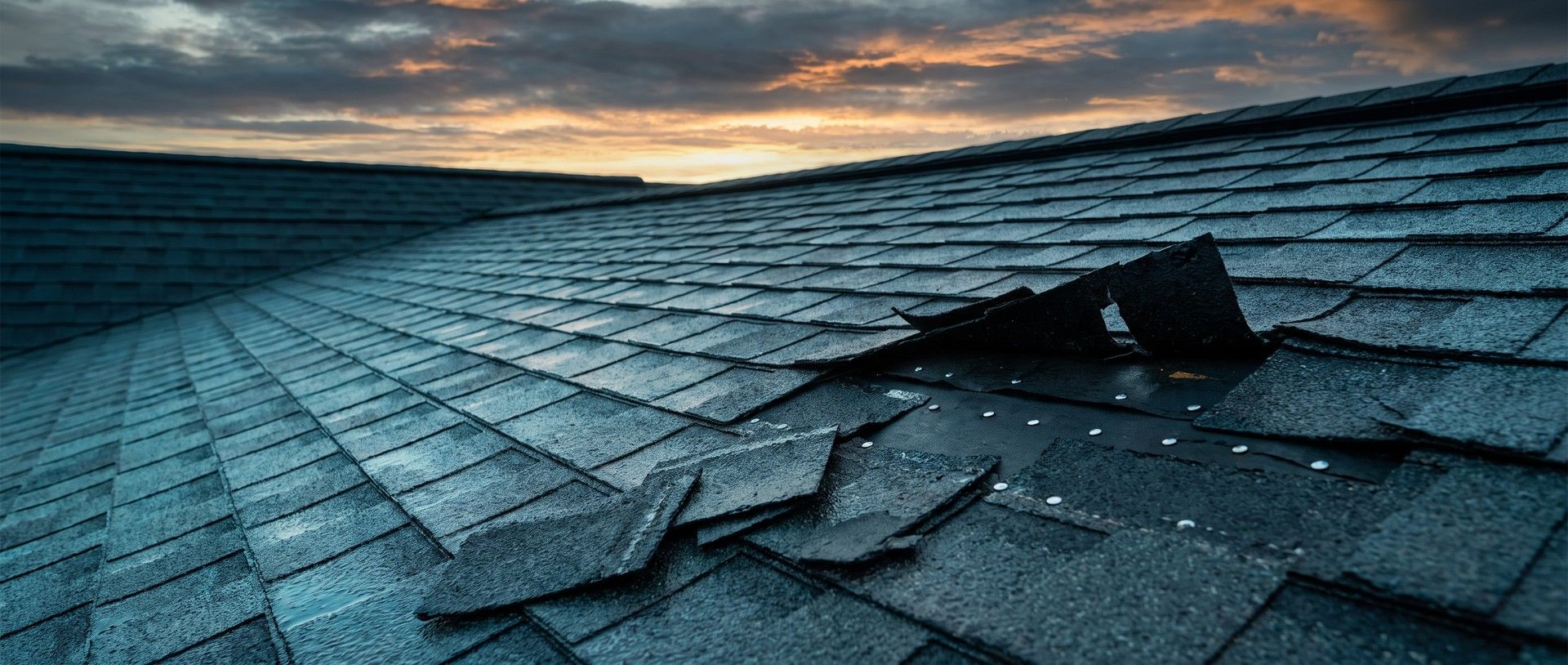 A low view across a wet charcoal shingle roof after a windstorm: a run of shingles torn away to the black underlayment and nail heads, loose tabs curled back and torn pieces on the slope, storm clouds breaking with amber light behind