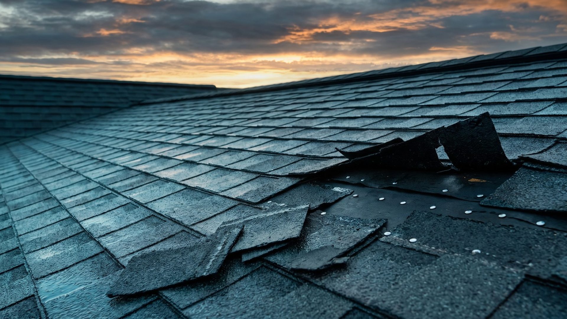 A low view across a wet charcoal shingle roof after a windstorm: a run of shingles torn away to the black underlayment and nail heads, loose tabs curled back and torn pieces on the slope, storm clouds breaking with amber light behind