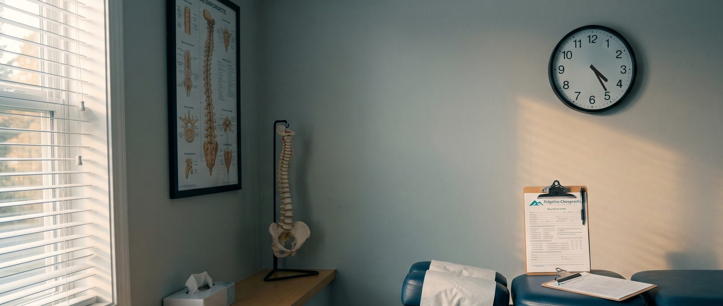 An empty chiropractic treatment room in late-afternoon light: a navy adjusting table with a paper-covered headrest and a Ridgeline Chiropractic new patient intake form on a clipboard, under a wall clock reading 4:25
