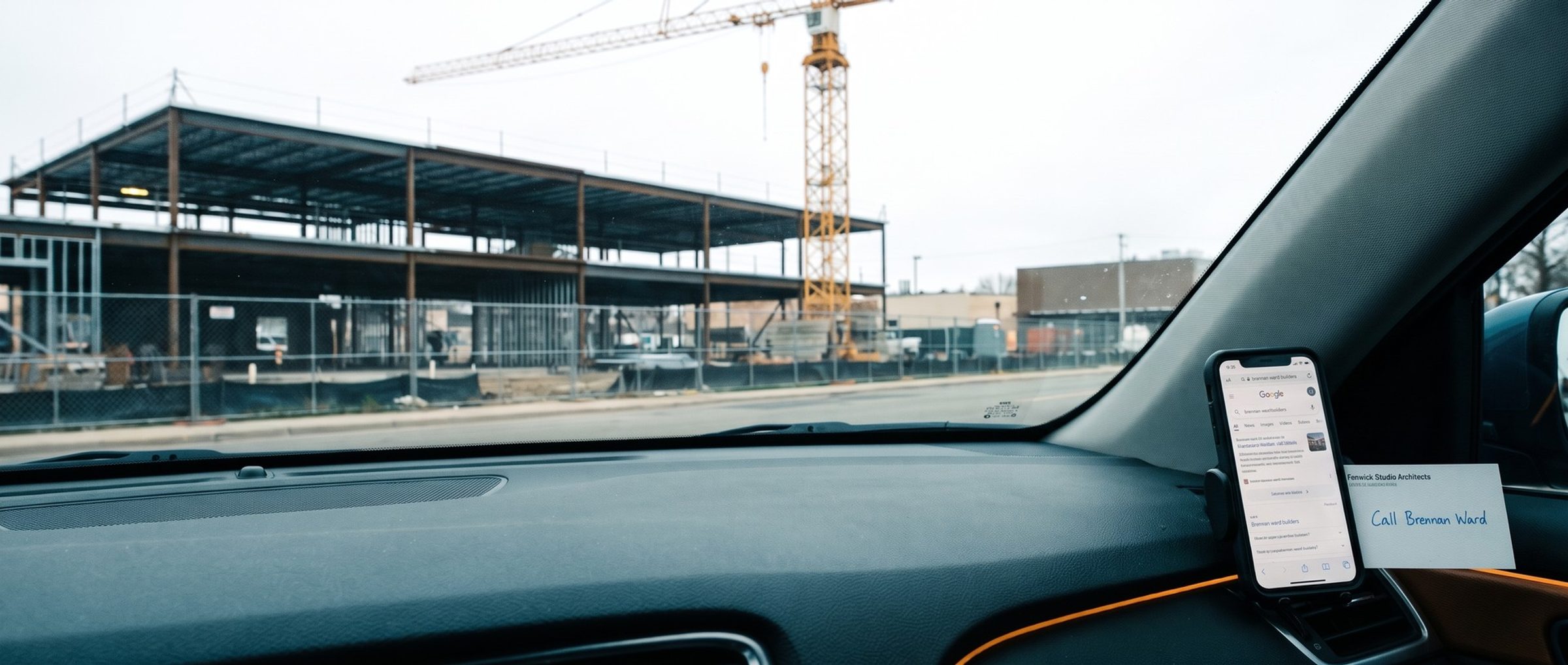 From the driver's seat of a parked car across from a building site with a steel frame and tower crane, a phone on the dashboard shows a Google search for brennan ward builders, next to an architect's business card with a handwritten note reading Call Brennan Ward
