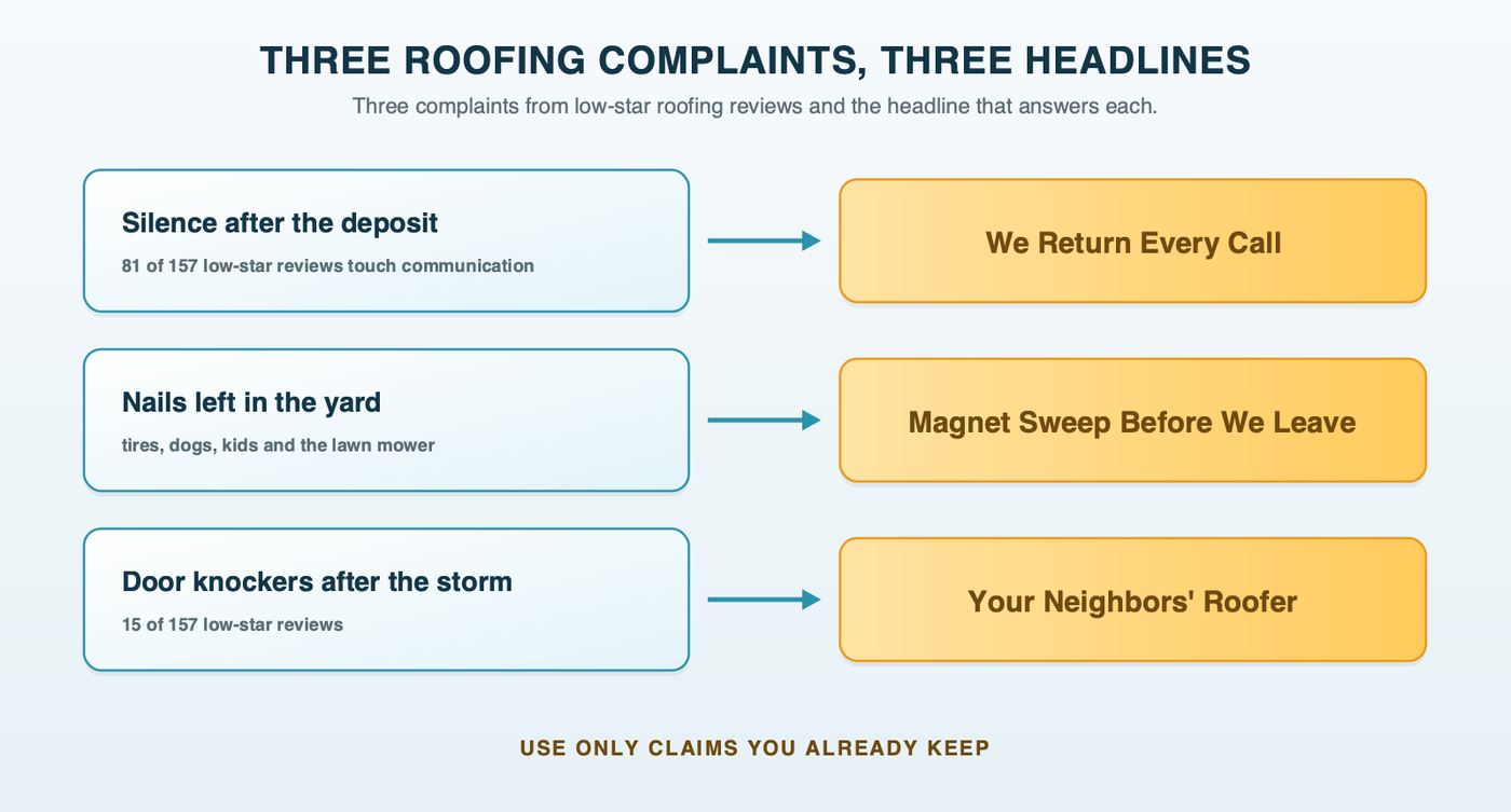 A map from three homeowner complaints to the headline that answers each: silence after the deposit to We Return Every Call, nails in the yard to Magnet Sweep Before We Leave, and door knockers to Your Neighbors' Roofer, labeled use only claims you keep