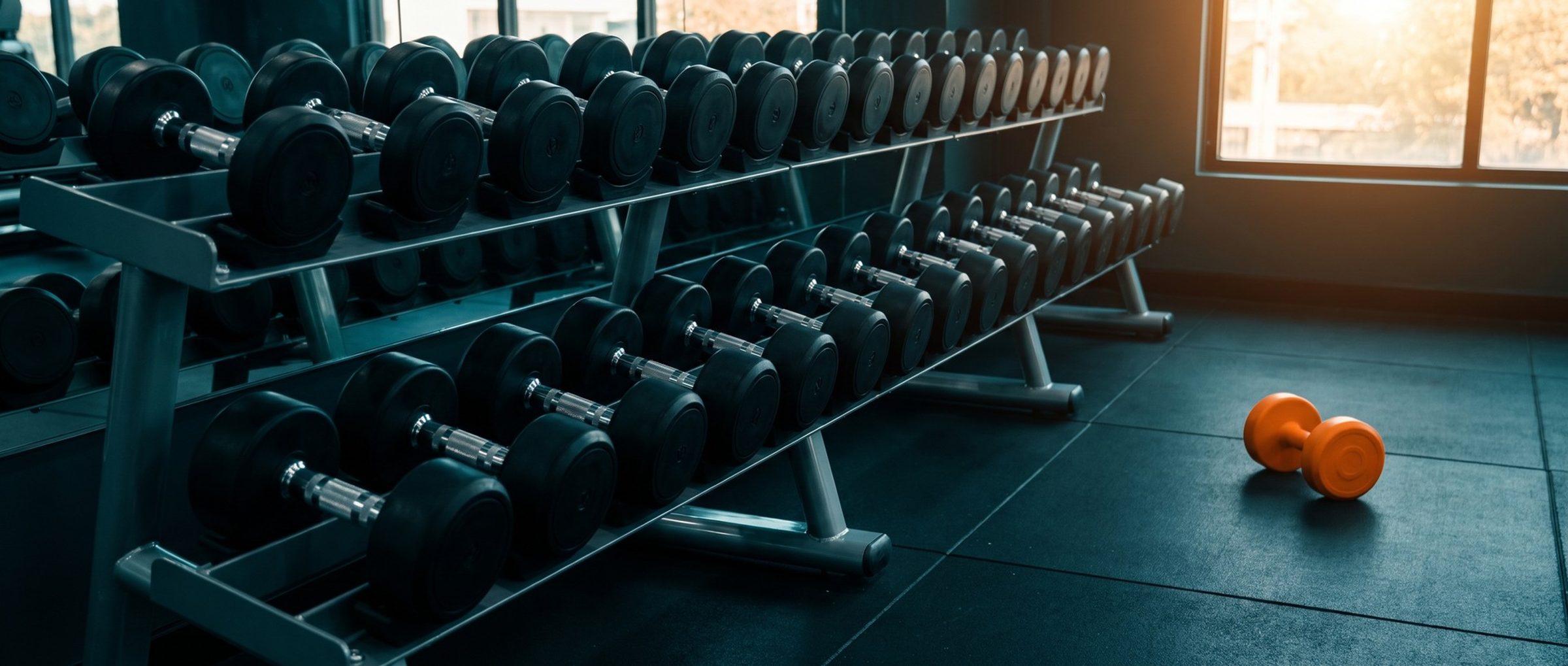 A gym dumbbell rack at dawn lined with matching black dumbbells in pairs, and one small bright orange dumbbell of a different style sitting alone on the rubber floor beside it in the window light