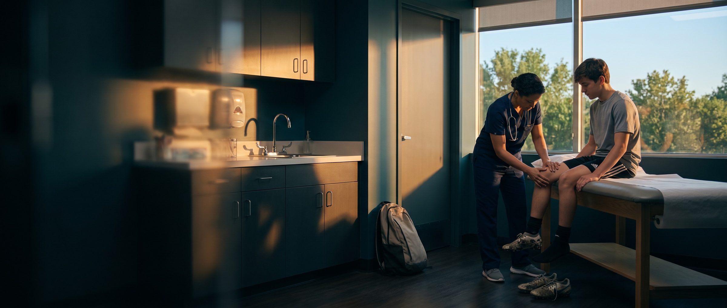 In a sunlit urgent care exam room, a provider in navy scrubs checks a teenage athlete's knee on the exam table, with muddy soccer cleats on the floor and a backpack by the door