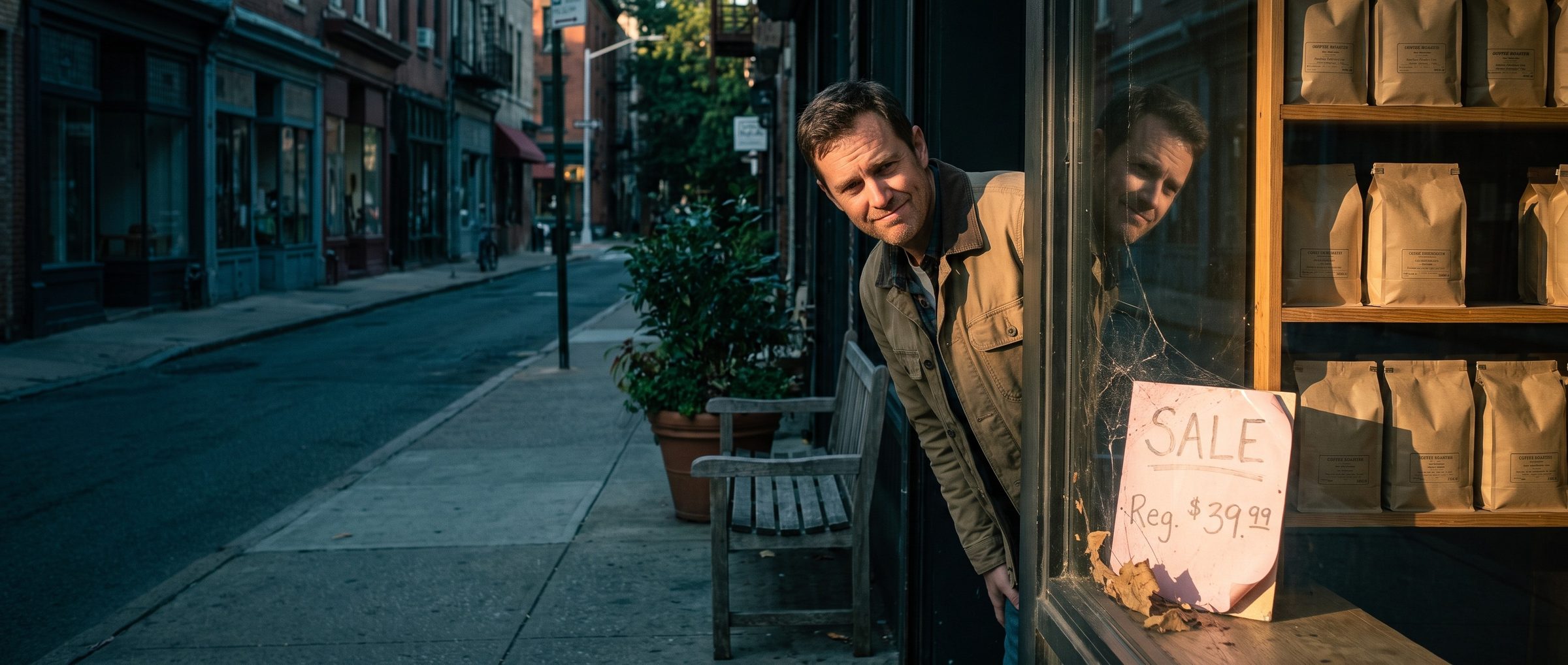 Outside a coffee roaster's shop, a man leans toward the window with a skeptical half-smile at a sun-faded pink card reading SALE, Reg. $39.99, a cobweb across its corner and dead leaves at its base