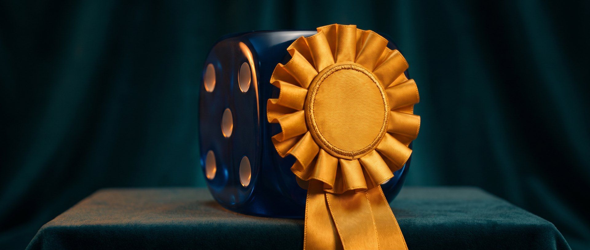 A large dark blue die wearing a gold first-place rosette, sitting on a velvet-draped pedestal under warm light.