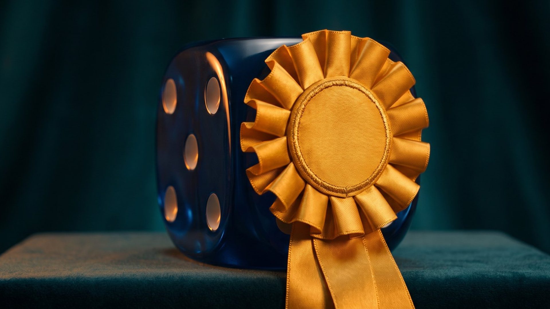 A large dark blue die wearing a gold first-place rosette, sitting on a velvet-draped pedestal under warm light.