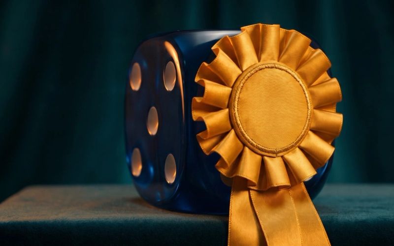 A large dark blue die wearing a gold first-place rosette, sitting on a velvet-draped pedestal under warm light.