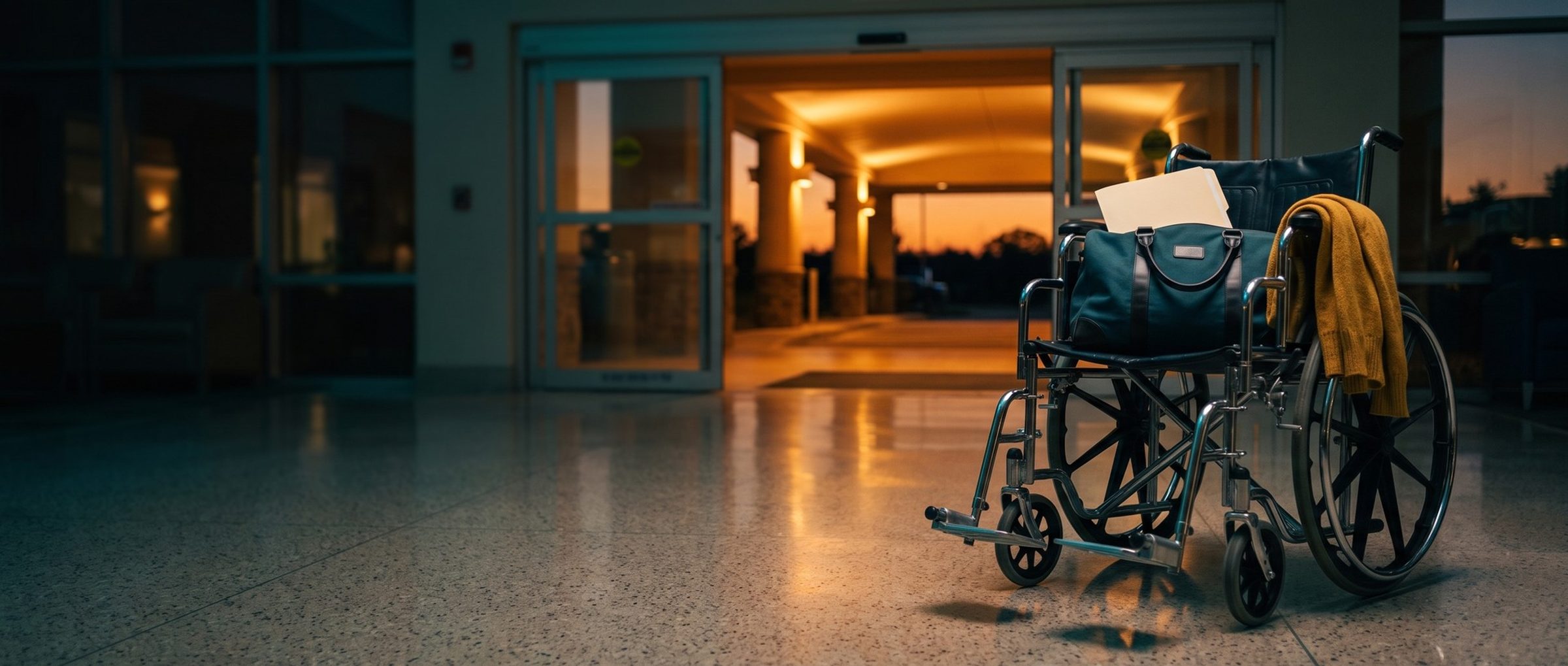 An empty wheelchair parked by a hospital's glass exit doors at dusk, a packed teal overnight bag and a folder on the seat and a mustard cardigan over the armrest, the covered drop-off lane glowing amber outside