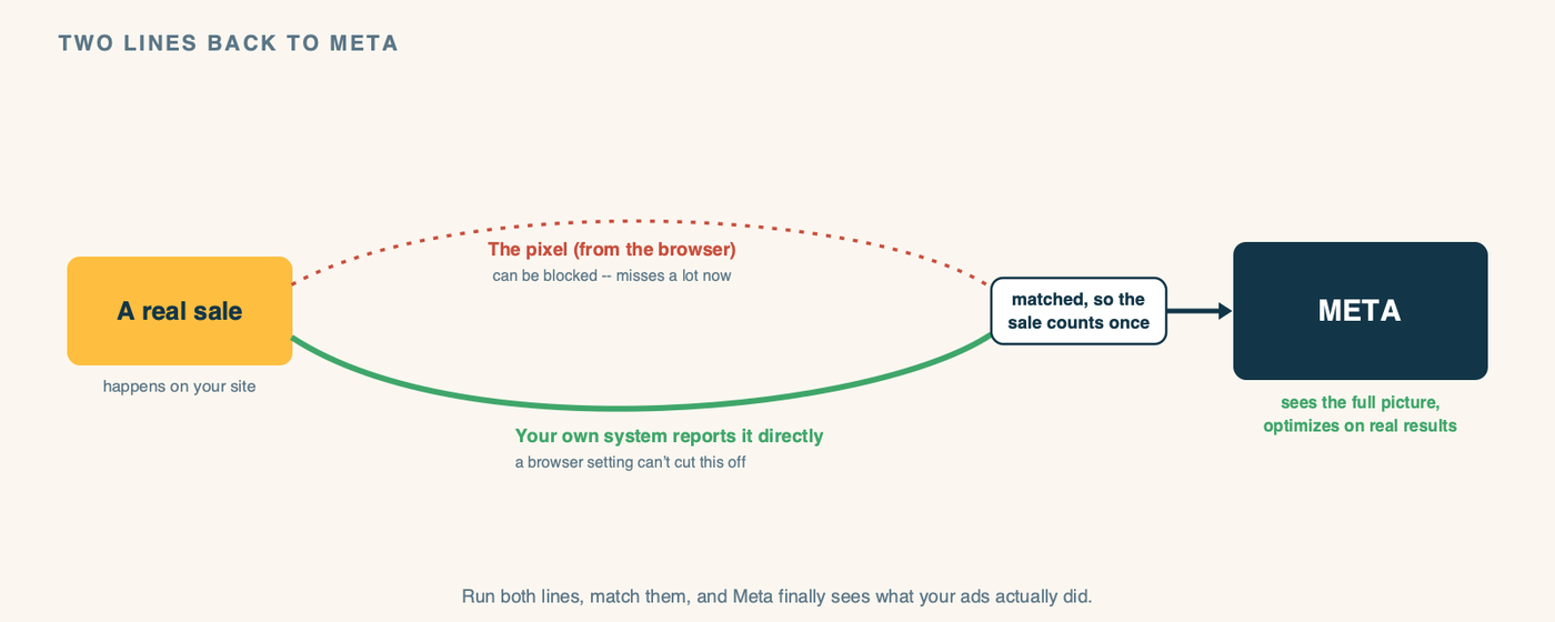 A diagram titled "Two Lines Back to Meta." It shows a single sale event on the left, splitting into two arrows pointing right toward a Meta logo-box. The top arrow, labeled "The pixel (from the browser)," is drawn as a thin dashed leaky line with the note "can be blocked, misses a lot now." The bottom arrow, labeled "Your own system reports it directly," is drawn as a thick solid reliable line with the note "a browser setting can't cut this off." Where they meet, a small node labeled "matched, so the sale counts once" sits before Meta. The right side shows Meta with the label "sees the full picture, optimizes on real results." A caption reads: run both lines, match them, and Meta finally sees what your ads actually did.