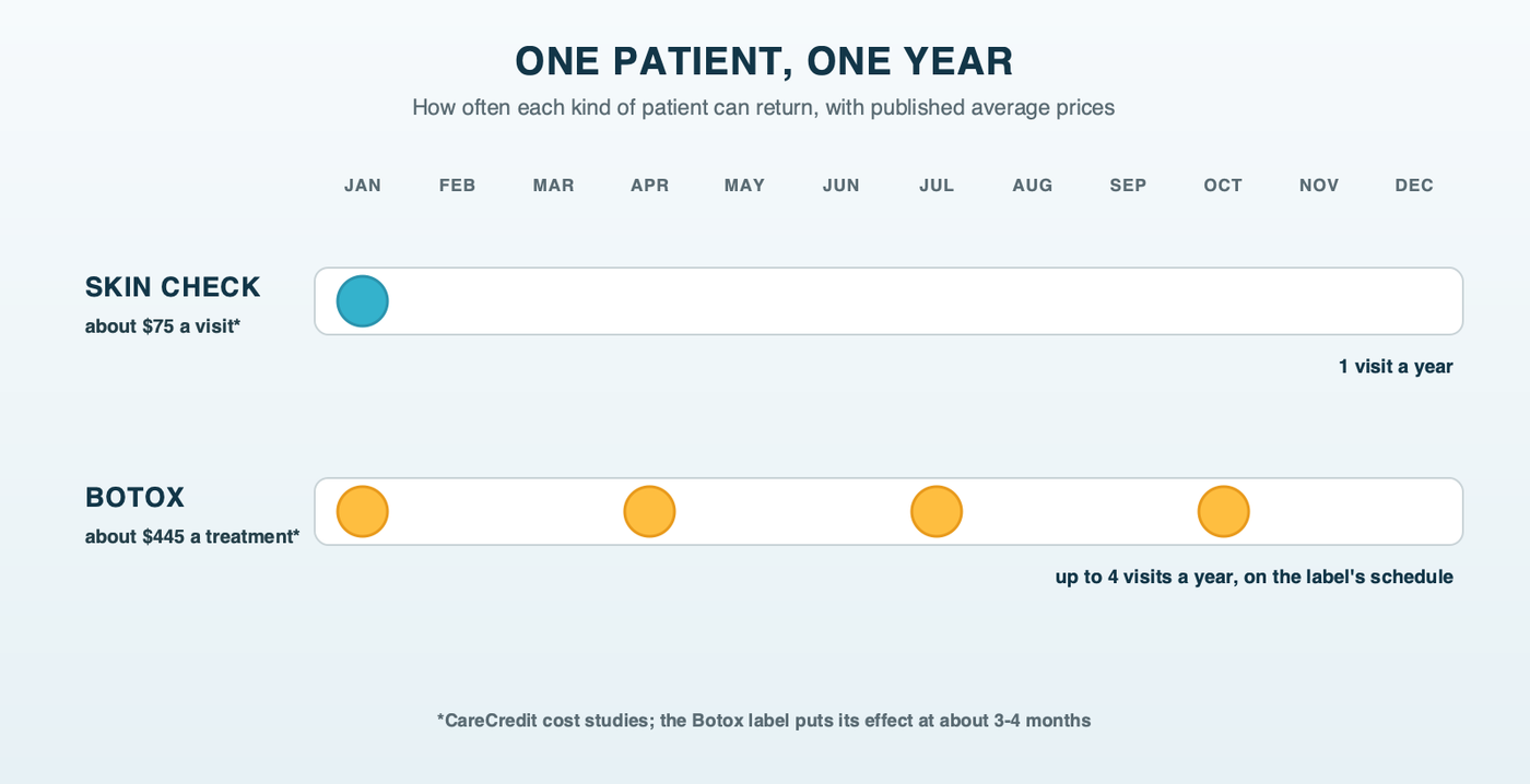 A year of visits: a skin check patient returns once a year, while a Botox patient following the label's schedule can return up to four times a year, with published average prices for each