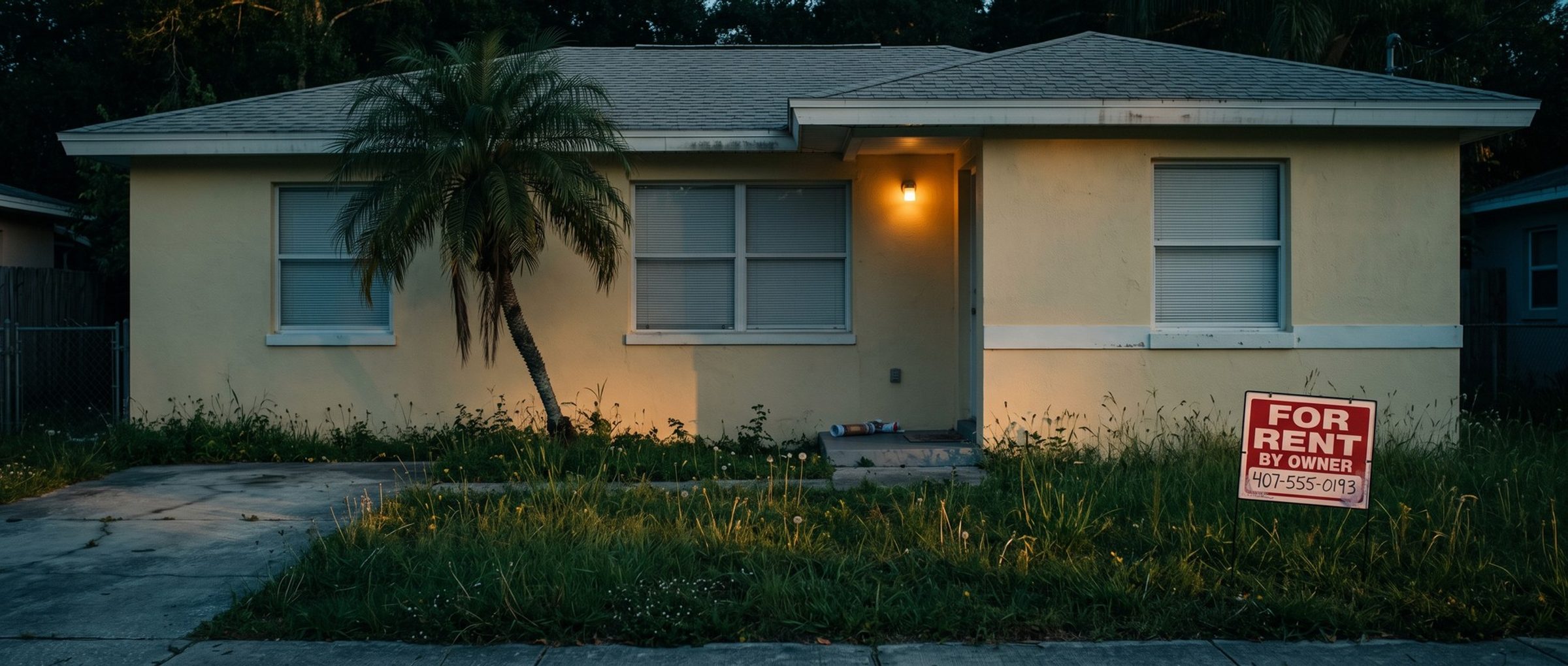 An empty yellow rental house at dusk with closed blinds and a knee-high overgrown yard, a red For Rent By Owner sign with a handwritten phone number standing in the weeds