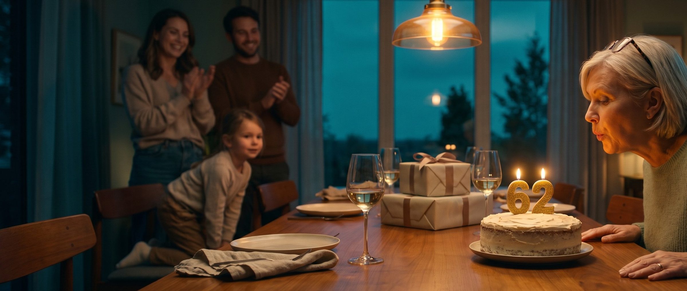At an evening family dinner, a woman turning 62 leans in to blow out gold 6 and 2 number candles on a frosted cake while her grown children clap and a granddaughter kneels on a chair