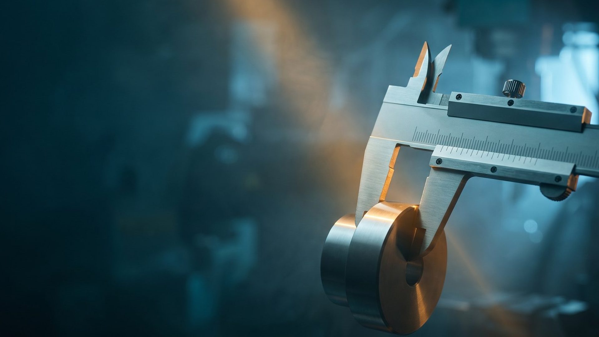 A steel vernier caliper closing on a machined metal part, warm amber light raking across it in a dim teal workshop