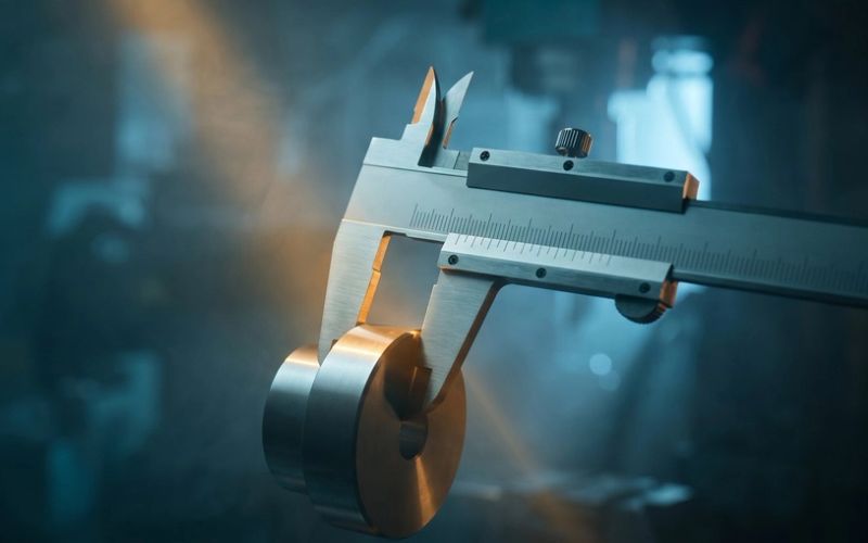 A steel vernier caliper closing on a machined metal part, warm amber light raking across it in a dim teal workshop