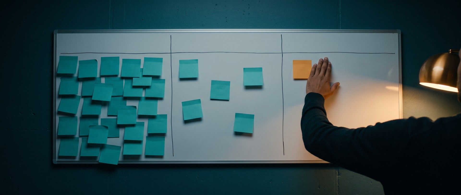 A hand presses one orange sticky note onto the empty right column of a startup office whiteboard, while dozens of teal sticky notes crowd the left column and only a few sit in the middle