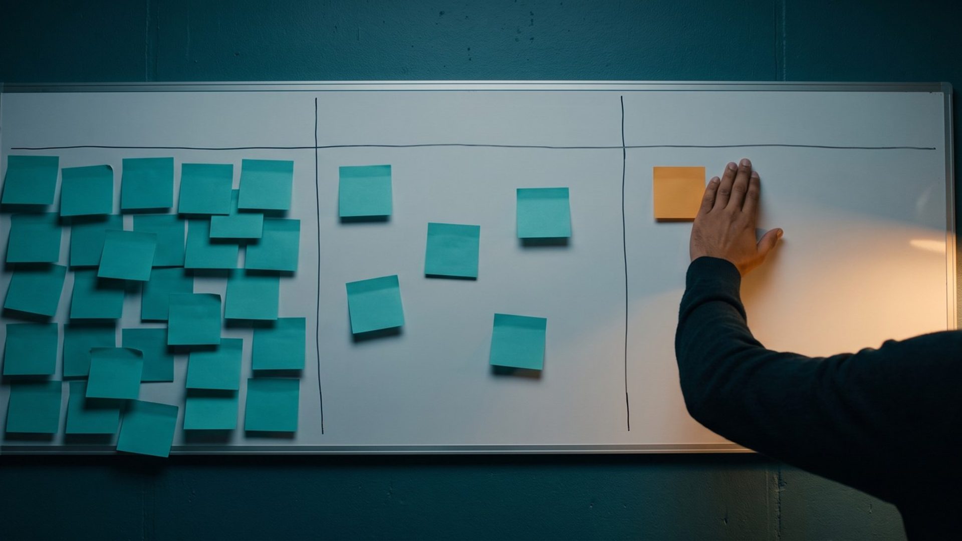A hand presses one orange sticky note onto the empty right column of a startup office whiteboard, while dozens of teal sticky notes crowd the left column and only a few sit in the middle