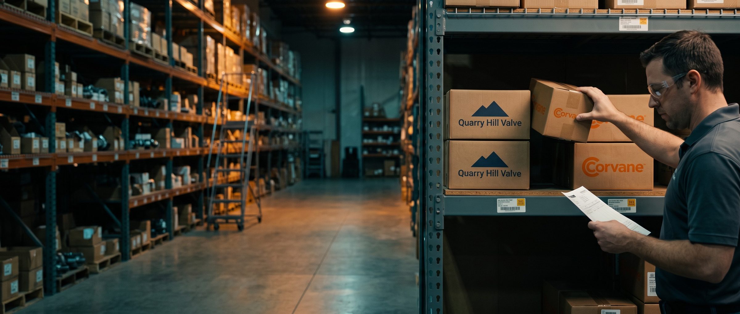 In a distributor's warehouse, a rep holding an order slip reaches past Quarry Hill Valve cartons and takes a Corvane house-brand carton from the same shelf