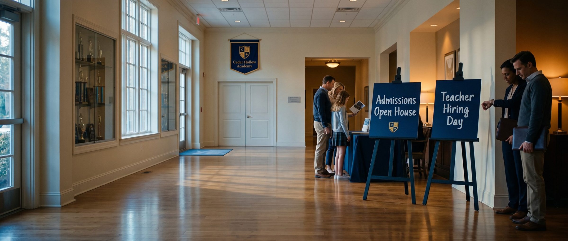 A private school lobby with two easel signs side by side, a family waiting at Admissions Open House and two job seekers holding folders at Teacher Hiring Day, under a Cedar Hollow Academy banner