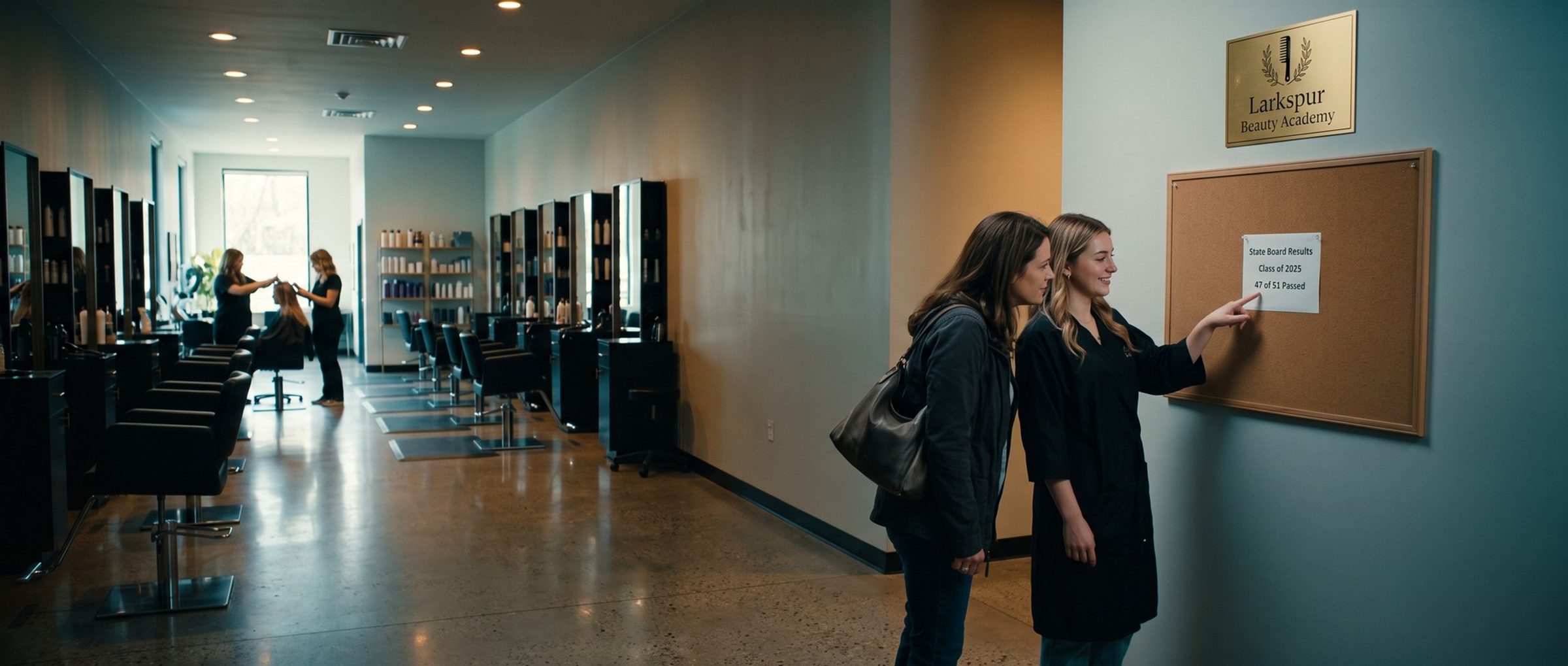 In a beauty school lobby, a student in a black smock points to a posted sheet reading State Board Results, Class of 2025, 47 of 51 Passed while her mother leans in to read it, under a Larkspur Beauty Academy sign