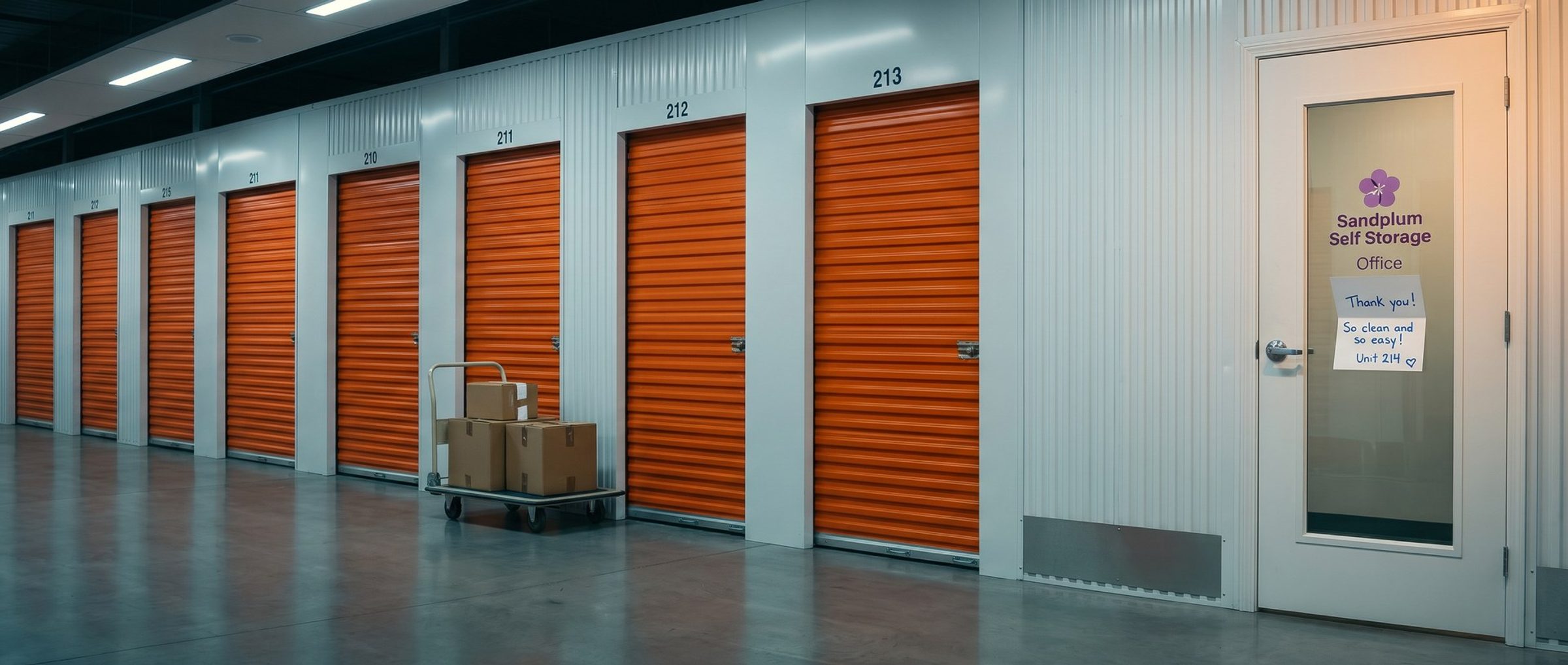 A brightly lit indoor self storage hallway with a row of orange roll-up unit doors and a cart of moving boxes; at the end, the glass office door of Sandplum Self Storage carries a handwritten renter's card reading Thank you! So clean and so easy! Unit 214