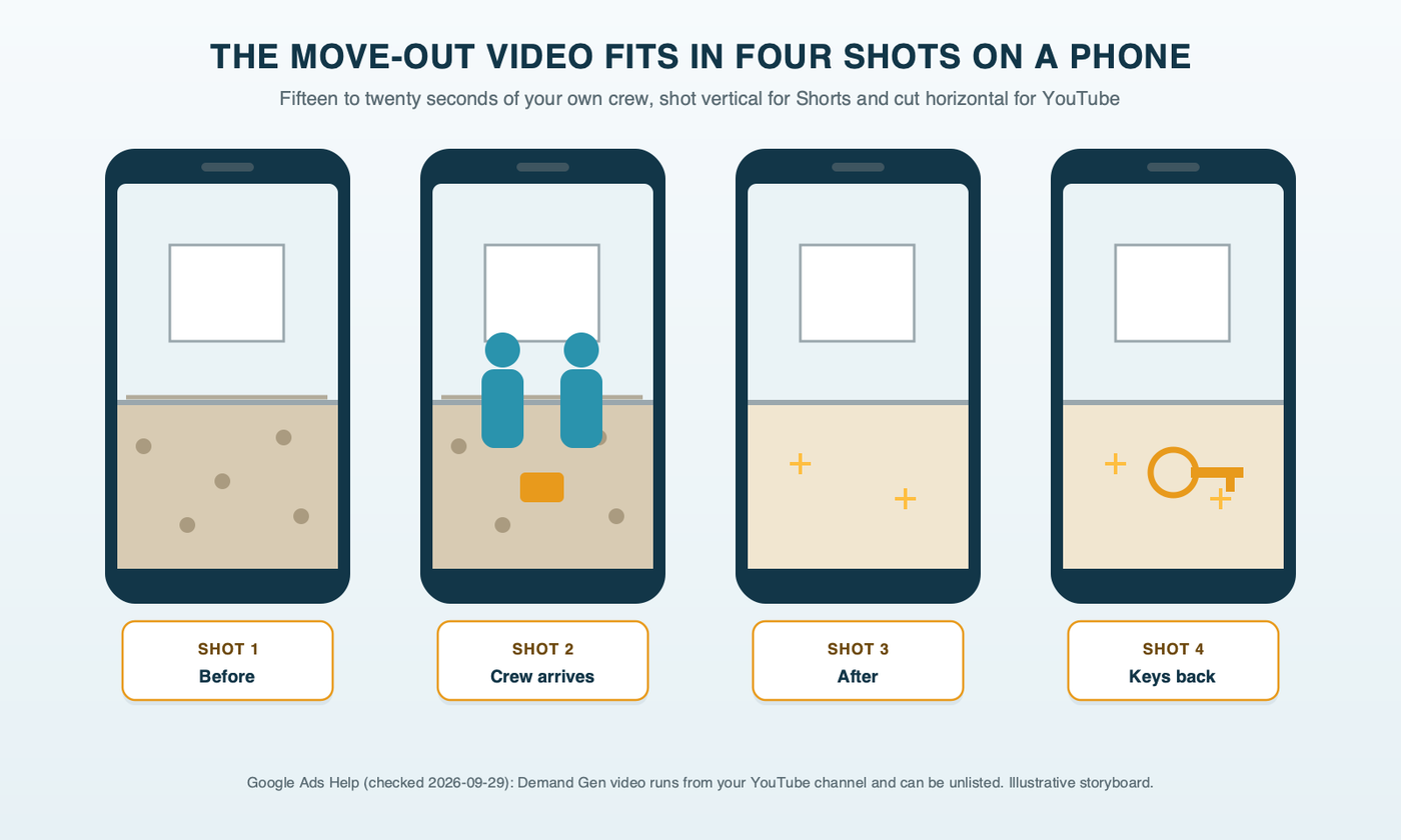 Four phone-screen frames of a cleaning company's move-out video: the empty room before cleaning, the crew arriving with their caddies, the finished room, and the keys handed back