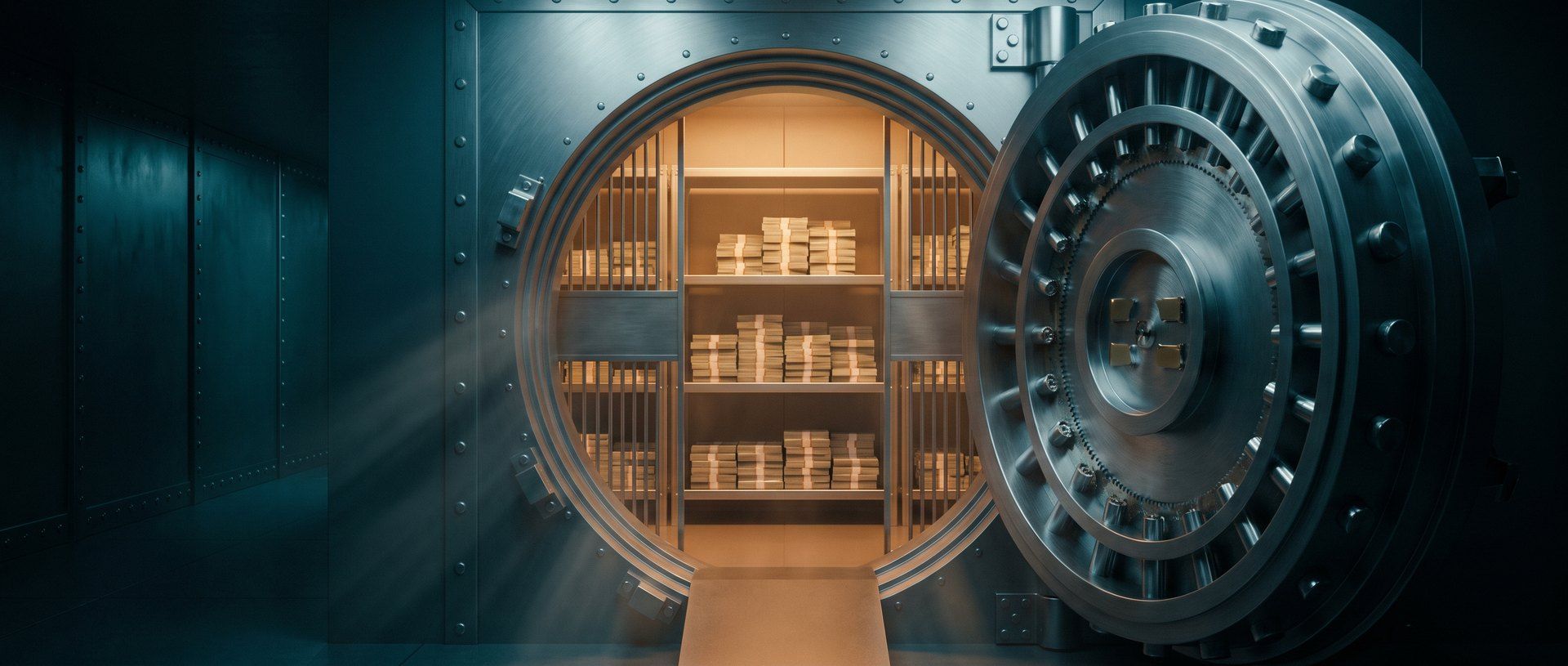 An open bank vault of banded cash lit warm amber in a dark room