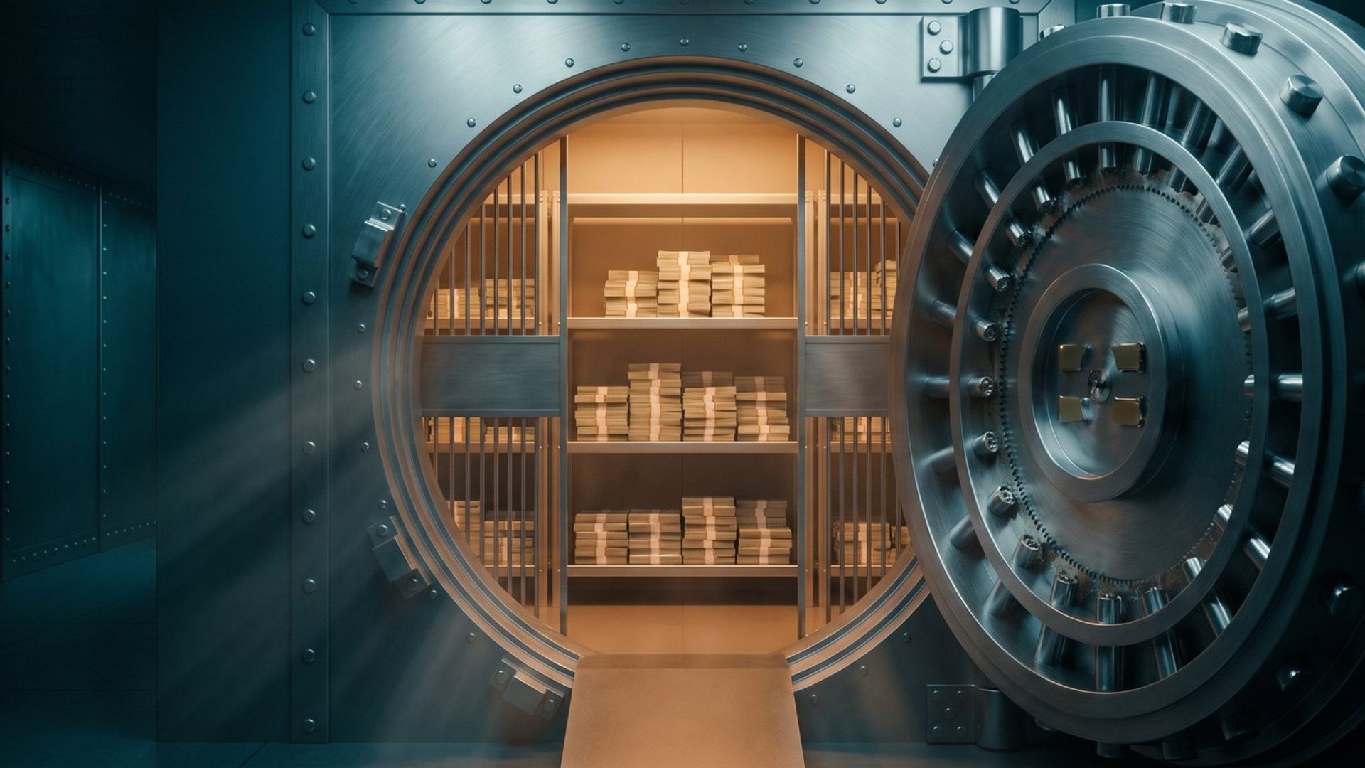 An open bank vault of banded cash lit warm amber in a dark room