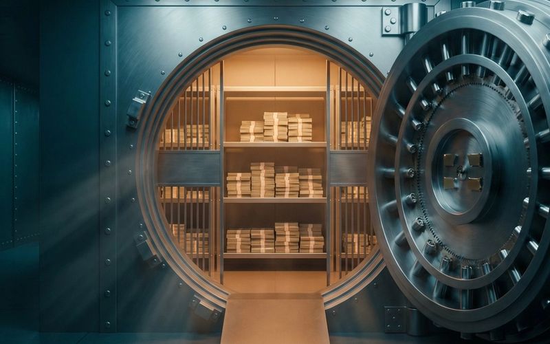 An open bank vault of banded cash lit warm amber in a dark room