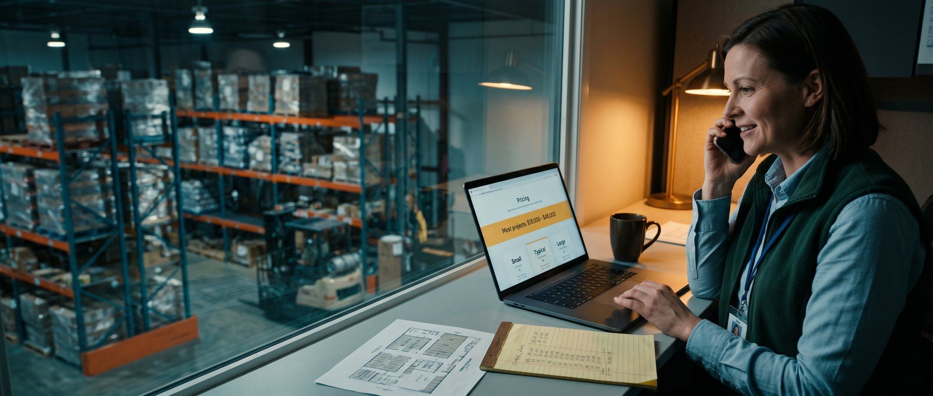 In a glass-walled office above packed warehouse racking, an operations manager smiles on a phone call while her laptop shows a vendor's pricing page with a highlighted range of $18,000 to $48,000 and three example project cards.