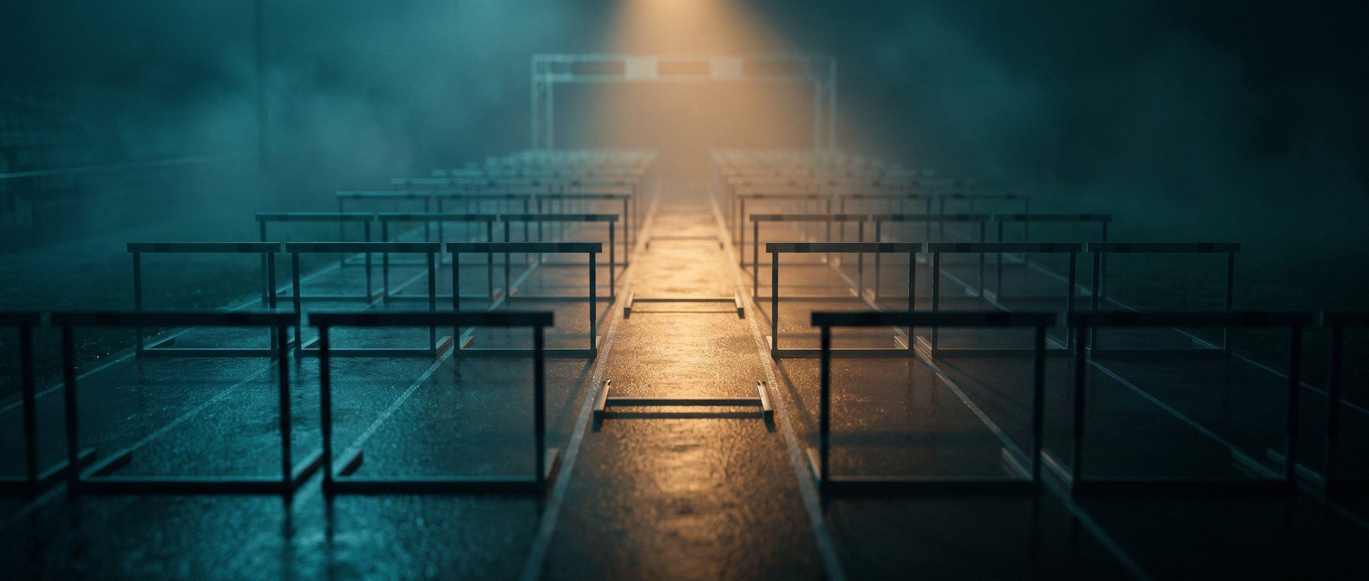 A running track at night lined with rows of hurdles in cool teal shadow, with one single lane cleared and lit warm amber running straight to the finish - the friction of a landing page versus the clear path of a lead form.