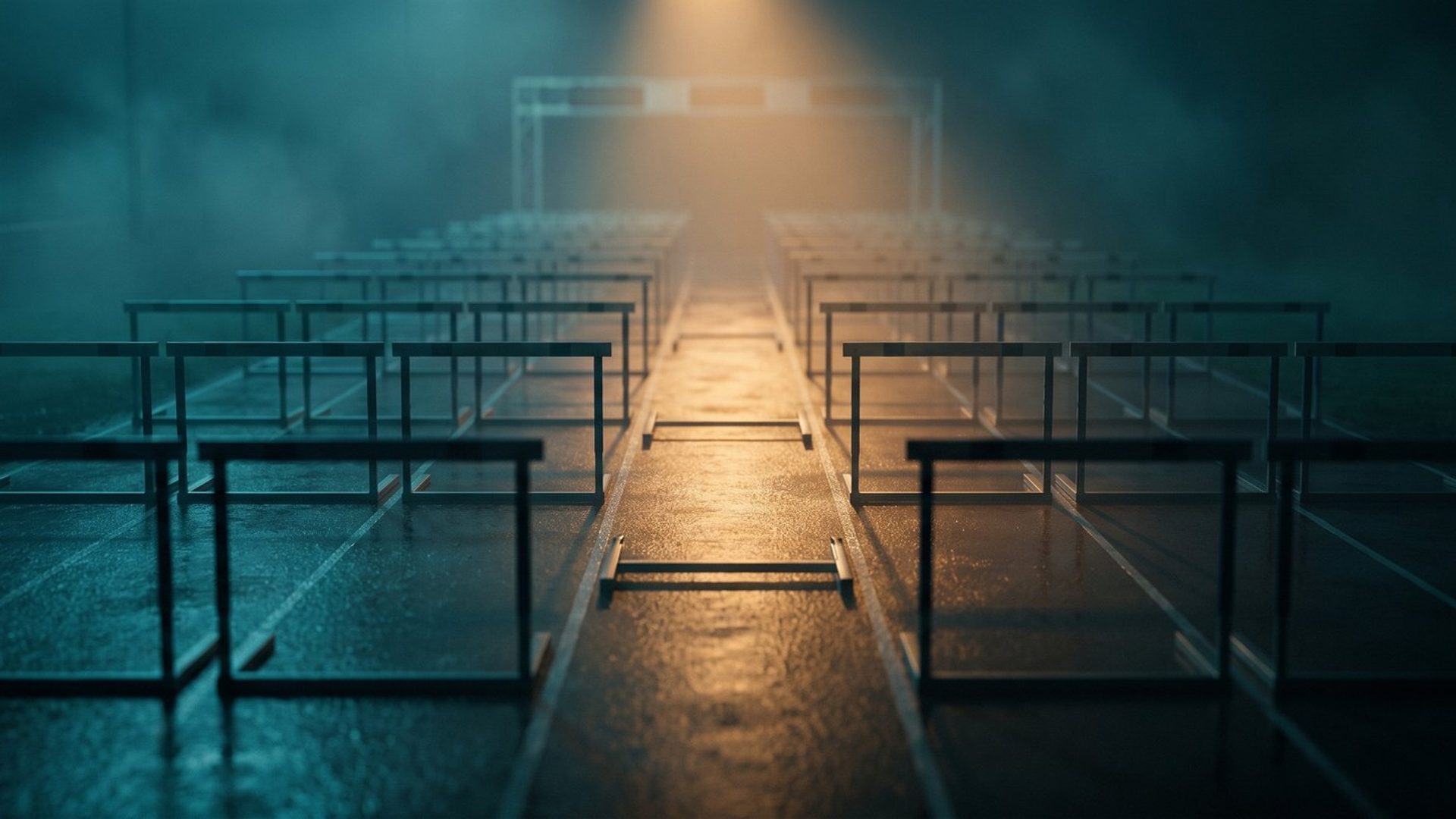 A running track at night lined with rows of hurdles in cool teal shadow, with one single lane cleared and lit warm amber running straight to the finish - the friction of a landing page versus the clear path of a lead form.