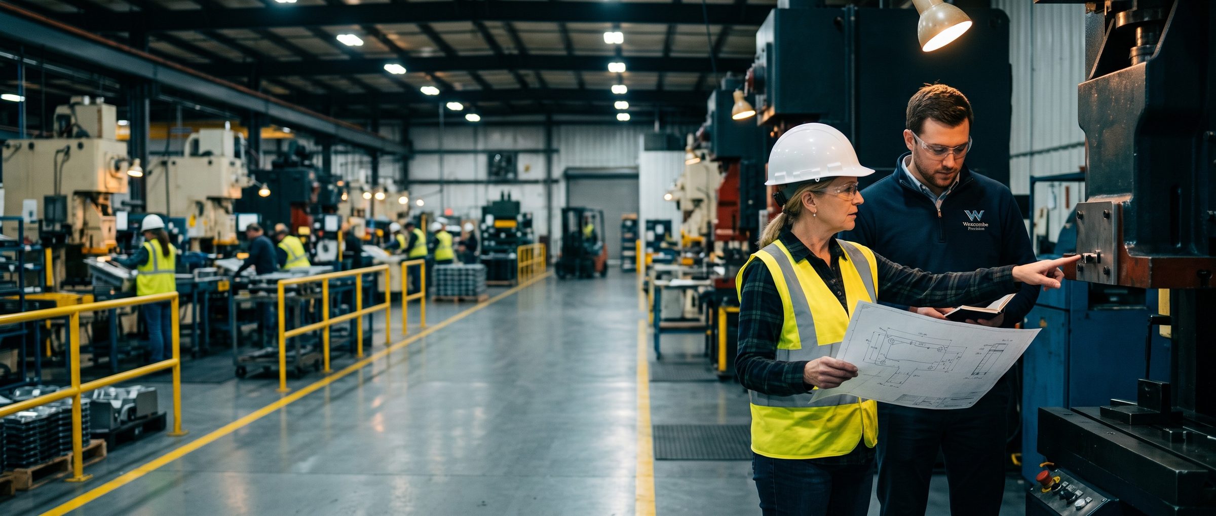 On a stamping plant floor, a plant manager in a hard hat holds a part drawing and points at the press while a Wexcombe Precision sales engineer leans in with a notebook