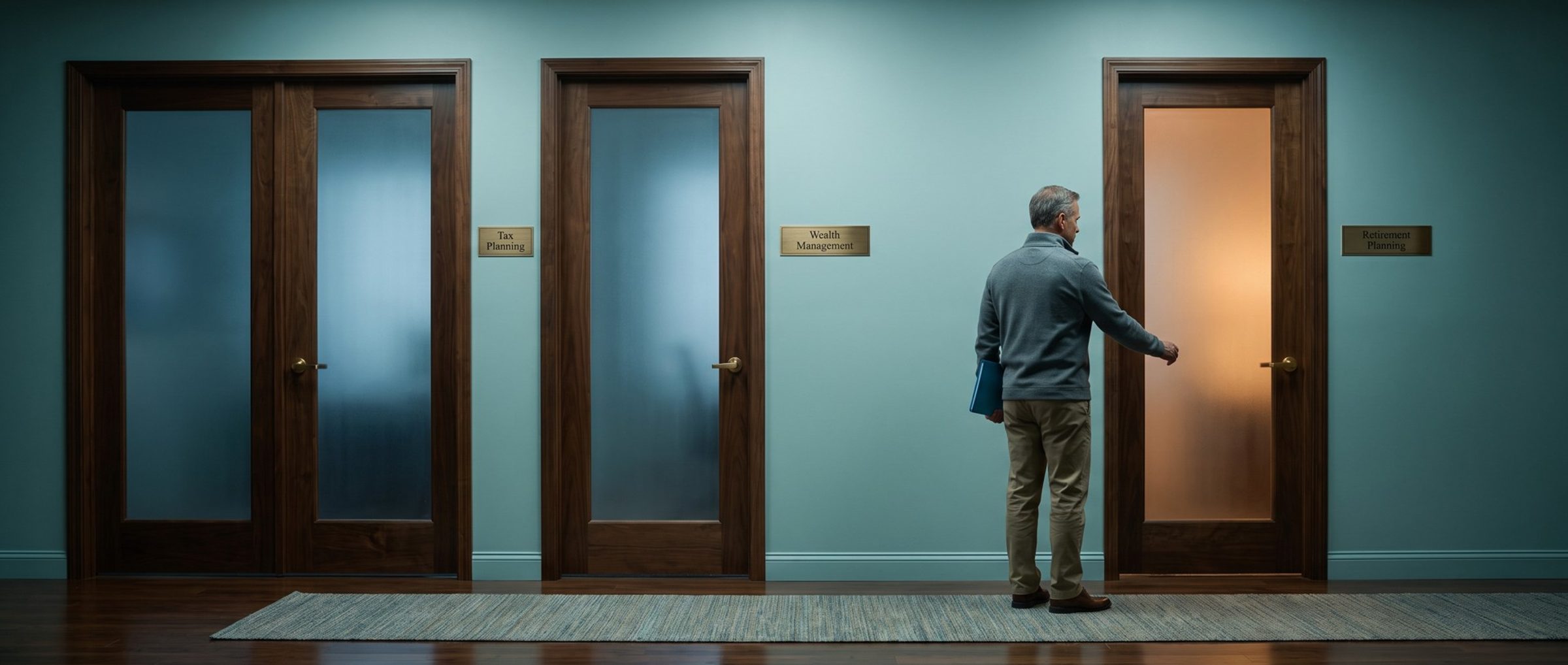 A man in his sixties with a folder under his arm reaches for an office door marked Retirement Planning, glowing warm behind frosted glass, beside darker doors marked Tax Planning and Wealth Management in an advisory firm's hallway