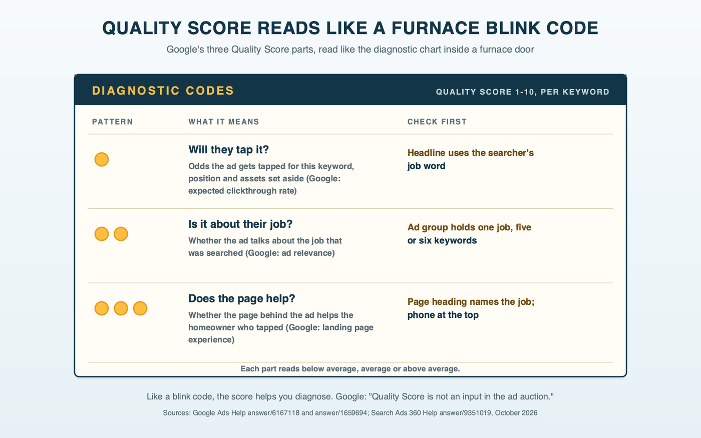 A furnace door's blink-code chart recast as Quality Score: one blink pattern each for how likely the ad is to be clicked, how well the ad fits the search, and how well the page delivers, with what each pattern means and the first thing to check, and a footer noting the chart helps diagnose but has no say in whether the furnace runs