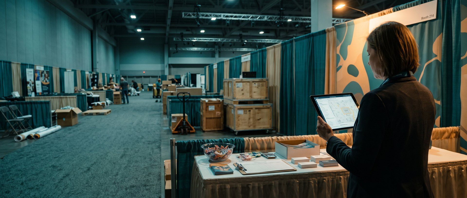 On the last evening of a trade show, an exhibitor stands alone at her booth as the hall is packed up around her, studying a tablet that shows a street map with an outline drawn around the convention center