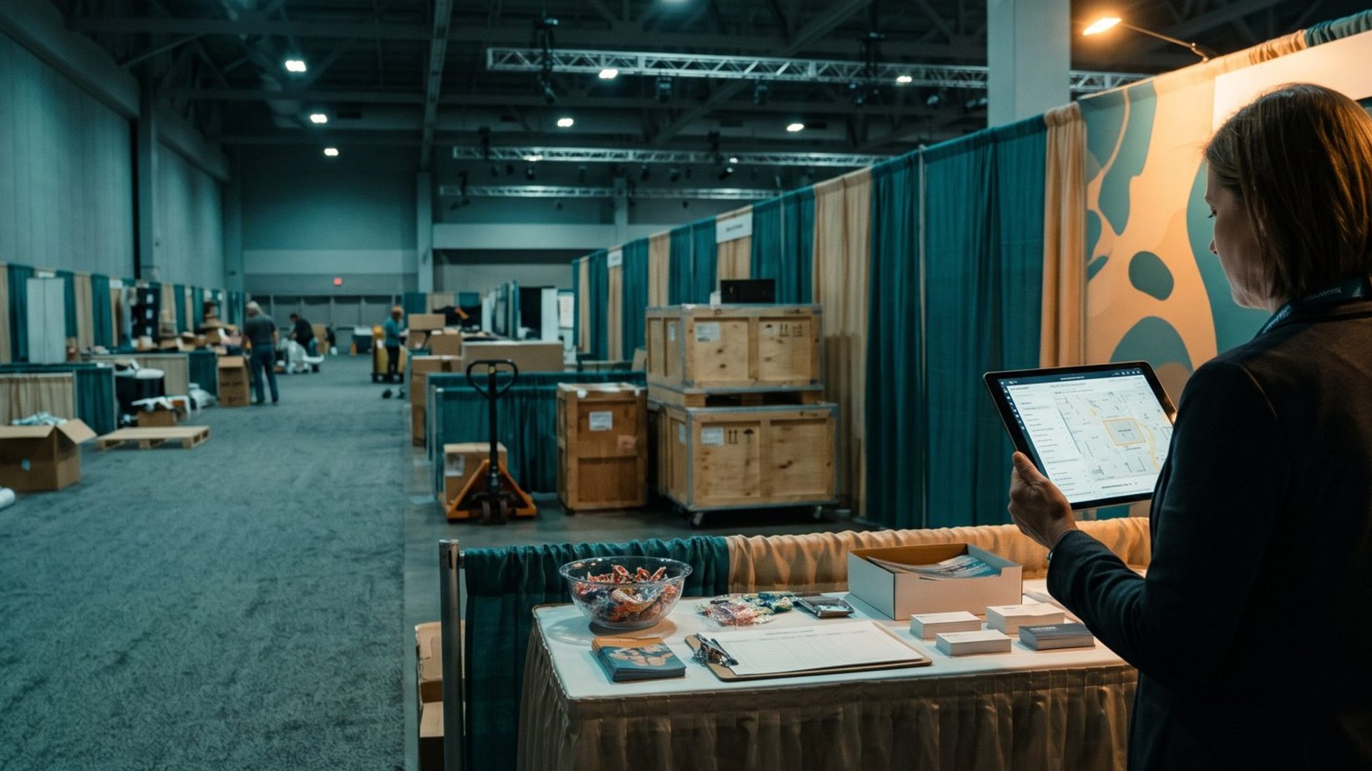 On the last evening of a trade show, an exhibitor stands alone at her booth as the hall is packed up around her, studying a tablet that shows a street map with an outline drawn around the convention center