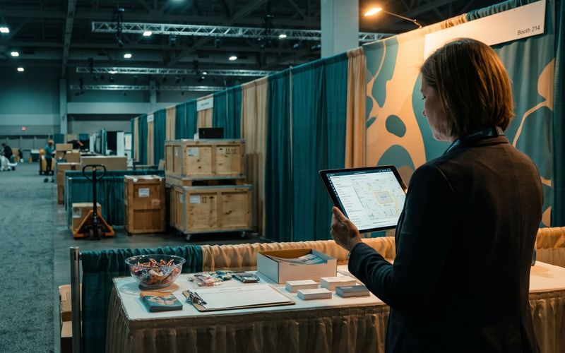 On the last evening of a trade show, an exhibitor stands alone at her booth as the hall is packed up around her, studying a tablet that shows a street map with an outline drawn around the convention center