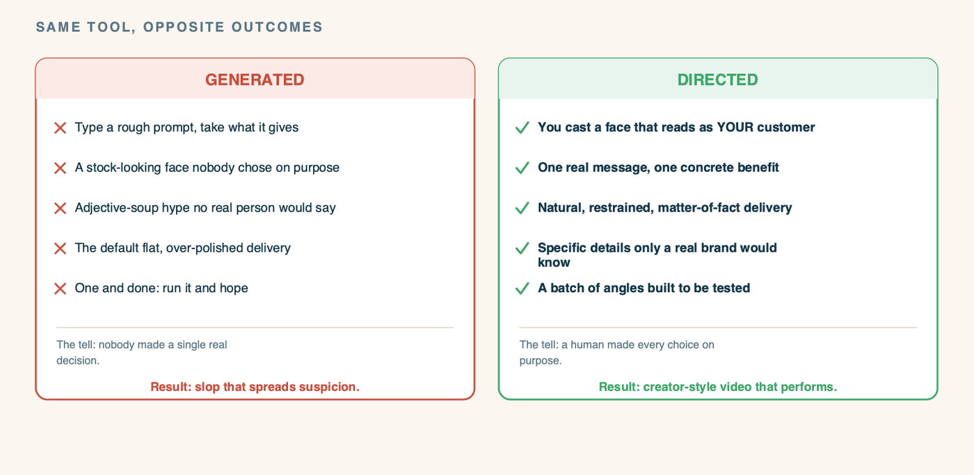 A two-column comparison diagram. The left column, headed GENERATED, in red: type a rough prompt and take what it gives you; a stock-looking human nobody chose on purpose; adjective-soup hype no real person would say; default flat delivery; one and done, hope it works. The tell: nobody made a single real decision. Result: slop that fails and spreads suspicion. The right column, headed DIRECTED, in green: you cast a face that reads as your actual customer; a real message with one clear benefit; natural, restrained delivery; specific details only a real brand would know; a batch of angles built to be tested. The tell: a human made every choice on purpose. Result: creator-style video that performs.