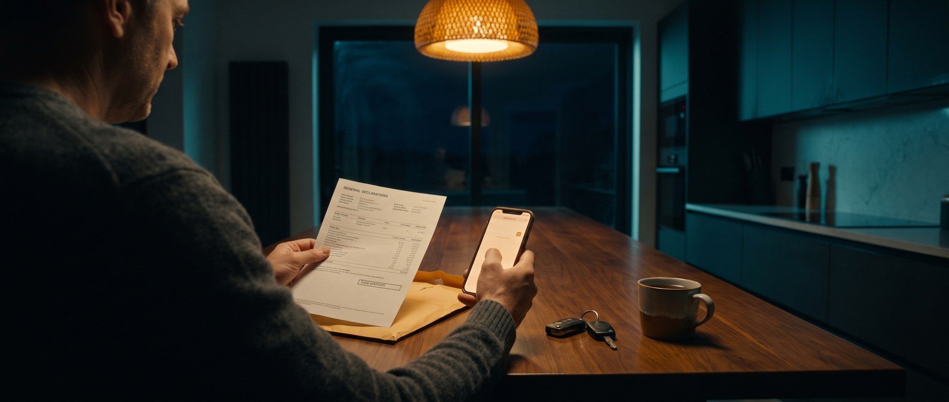 Seen over his shoulder at a kitchen table late at night, a man reads an auto insurance renewal declarations page under a warm pendant lamp, his phone lit in the other hand and car keys beside a mug