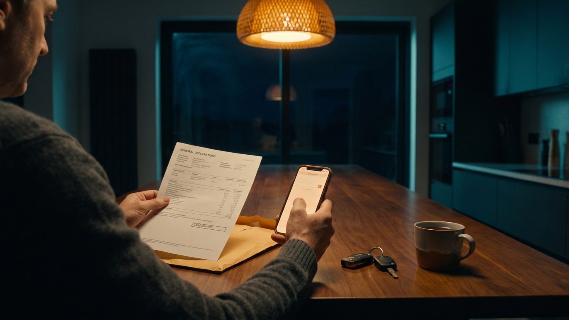 Seen over his shoulder at a kitchen table late at night, a man reads an auto insurance renewal declarations page under a warm pendant lamp, his phone lit in the other hand and car keys beside a mug