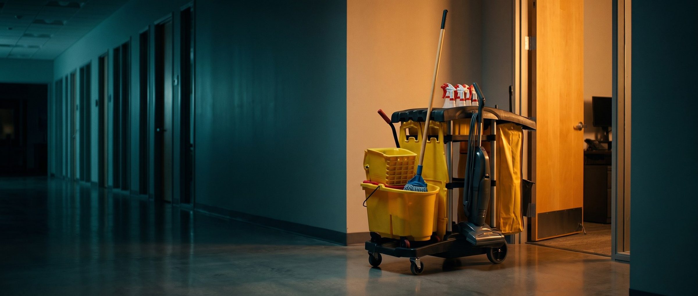 A janitorial cleaning cart in an office hallway at night, a mop in its yellow bucket, spray bottles on the top tray and a vacuum clipped to the side, lit by one open office door